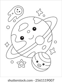 Cute kawaii planet coloring page illustration
