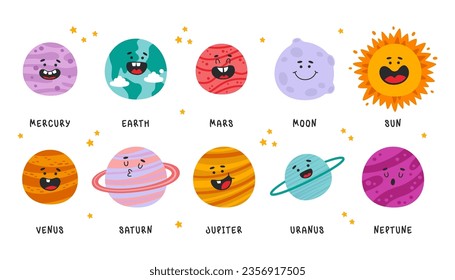 Cute kawaii planet of solar system, funny cartoon astronomy characters with friendly smiling faces set. Hand drawn galaxy body print design for kids development and education vector illustration