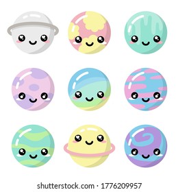 Cute kawaii planets pastel colorful set isolated