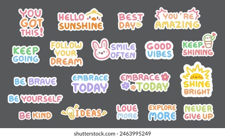 Cute Kawaii Planner Stickers. Colorful Organization Labels.Good Vibes and positive thoughts letterings and other elements.