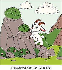 Cute kawaii playful goats climb rocky cliffs and nibble on shrubby bushes cartoon character vector illustration