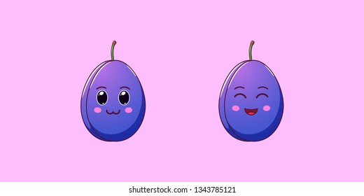Cute Kawaii Plum, Cartoon Ripe Fruit. Vector illustration of Cartoon Blue Plum with Charming and Cheerful Face, Funny Emoji. Juicy Fruity Sticker. Print for T-shirt. Friendly and Character