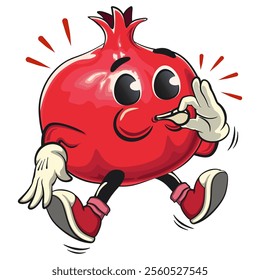 Cute Kawaii Pomegranate character is blowing the whistle, vector hand drawn cartoon isolated icon illustration, work of hand drawn