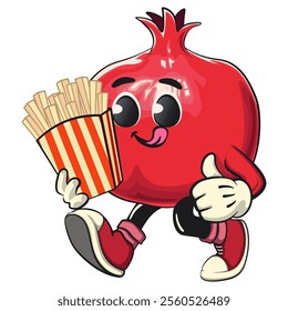 Cute Kawaii Pomegranate character brought a box of french fries, vector hand drawn cartoon isolated icon illustration, work of hand drawn