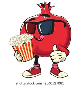 Cute Kawaii Pomegranate character with a bucket of popcorn with wearing 3d glasses, vector hand drawn cartoon isolated icon illustration, work of hand drawn