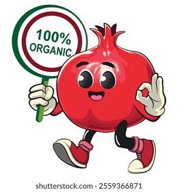 Cute Kawaii Pomegranate character carrying a sign that says 100 percent organic while giving an okay sign, vector hand drawn cartoon isolated icon illustration, work of hand drawn