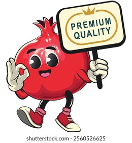 Cute Kawaii Pomegranate character carrying a sign board that says premium quality while giving an okay sign, vector hand drawn cartoon isolated icon illustration, work of hand drawn