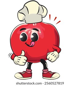 Cute Kawaii Pomegranate character as chef give thumbs up, vector hand drawn cartoon isolated icon illustration, work of hand drawn