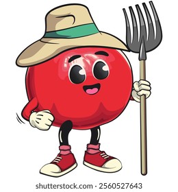 Cute Kawaii Pomegranate character as farmer in hat with his fork, vector hand drawn cartoon isolated icon illustration, work of hand drawn