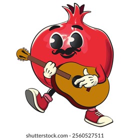 Cute Kawaii Pomegranate character with moustache playing guitar, vector hand drawn cartoon isolated icon illustration, work of hand drawn