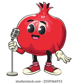 Cute Kawaii Pomegranate character on front of the mic become a stand up comedian, vector hand drawn cartoon isolated icon illustration, work of hand drawn