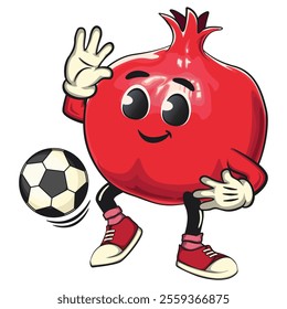 Cute Kawaii Pomegranate character playing football or soccer ball with his feet, vector hand drawn cartoon isolated icon illustration, work of hand drawn