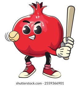 Cute Kawaii Pomegranate character playing baseball ready to hit the ball with the bat, vector hand drawn cartoon isolated icon illustration, work of hand drawn