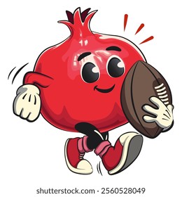 Cute Kawaii Pomegranate character playing rugby and american football, vector hand drawn cartoon isolated icon illustration, work of hand drawn