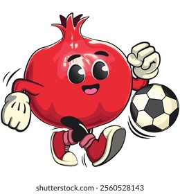 Cute Kawaii Pomegranate character playing football or soccer, vector hand drawn cartoon isolated icon illustration, work of hand drawn
