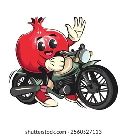 Cute Kawaii Pomegranate character riding a big motorcycle, vector hand drawn cartoon isolated icon illustration, work of hand drawn