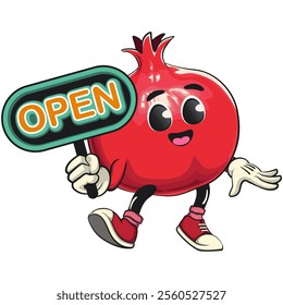 Cute Kawaii Pomegranate character showing a sign that says open, vector hand drawn cartoon isolated icon illustration, work of hand drawn