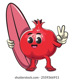 Cute Kawaii Pomegranate character with surfboard and gave a peace sign, vector hand drawn cartoon isolated icon illustration, work of hand drawn