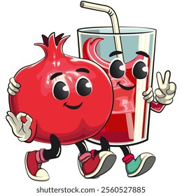 Cute Kawaii Pomegranate character walk with a glass juice ice character while giving a peace and giving an ok sign, vector hand drawn cartoon isolated icon illustration, work of hand drawn