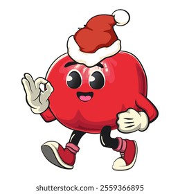 Cute Kawaii Pomegranate character walking while wearing a Santa hat calm, vector hand drawn cartoon isolated icon illustration, work of hand drawn