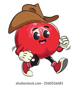 Cute Kawaii Pomegranate character wearing a cowboy hat walking calmly, vector hand drawn cartoon isolated icon illustration, work of hand drawn
