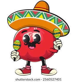 Cute Kawaii Pomegranate character wearing sombrero and playing maracas, vector hand drawn cartoon isolated icon illustration, work of hand drawn