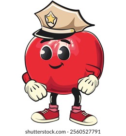 Cute Kawaii Pomegranate character wearing policeman hat, vector hand drawn cartoon isolated icon illustration, work of hand drawn