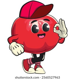 Cute Kawaii Pomegranate character wearing a baseball cap while giving a thumbs up, vector hand drawn cartoon isolated icon illustration, work of hand drawn