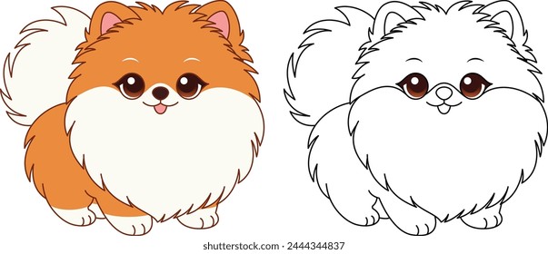 Cute kawaii Pomeranian Dog cartoon character coloring page vector illustration	