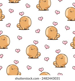 Cute kawaii pomeranian dog. Seamless pattern. Cartoon character. Vector drawing. Design ornaments.