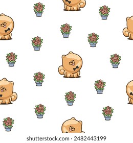 Cute kawaii pomeranian dog. Seamless pattern. Cartoon character. Vector drawing. Design ornaments.