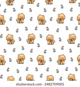 Cute kawaii pomeranian dog. Seamless pattern. Cartoon character. Vector drawing. Design ornaments.