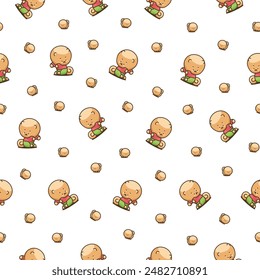 Cute kawaii pomeranian dog. Seamless pattern. Cartoon character. Vector drawing. Design ornaments.