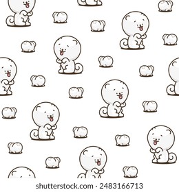 Cute kawaii pomeranian dog. Seamless pattern. Cartoon character. Vector drawing. Design ornaments.