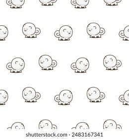 Cute kawaii pomeranian dog. Seamless pattern. Cartoon character. Vector drawing. Design ornaments.