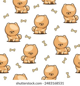 Cute kawaii pomeranian dog. Seamless pattern. Cartoon character. Vector drawing. Design ornaments.