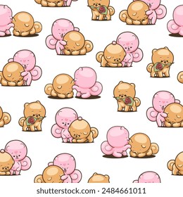 Cute kawaii pomeranian dog. Seamless pattern. Cartoon character. Vector drawing. Design ornaments.