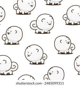 Cute kawaii pomeranian dog. Seamless pattern. Cartoon character. Vector drawing. Design ornaments.