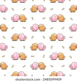 Cute kawaii pomeranian dog. Seamless pattern. Cartoon character. Vector drawing. Design ornaments.