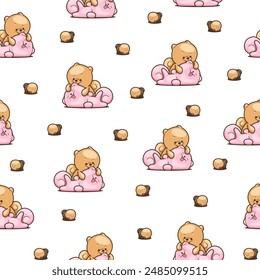 Cute kawaii pomeranian dog. Seamless pattern. Cartoon character. Vector drawing. Design ornaments.