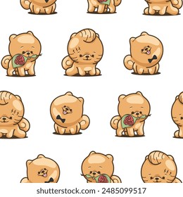 Cute kawaii pomeranian dog. Seamless pattern. Cartoon character. Vector drawing. Design ornaments.