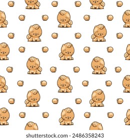 Cute kawaii pomeranian dog. Seamless pattern. Cartoon character. Vector drawing. Design ornaments.