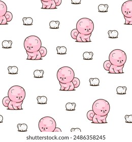 Cute kawaii pomeranian dog. Seamless pattern. Cartoon character. Vector drawing. Design ornaments.