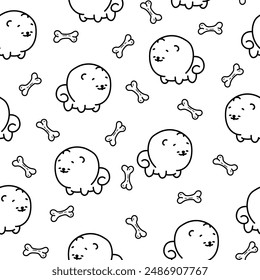 Cute kawaii pomeranian dog. Seamless pattern. Coloring Page. Cartoon character. Vector drawing. Design ornaments.