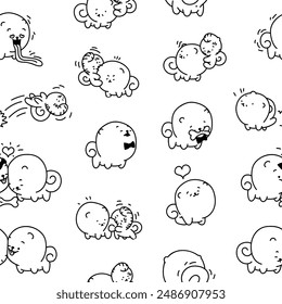 Cute kawaii pomeranian dog. Seamless pattern. Coloring Page. Cartoon character. Vector drawing. Design ornaments.