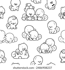 Cute kawaii pomeranian dog. Seamless pattern. Coloring Page. Cartoon character. Vector drawing. Design ornaments.