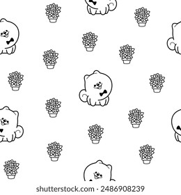 Cute kawaii pomeranian dog. Seamless pattern. Coloring Page. Cartoon character. Vector drawing. Design ornaments.