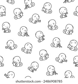 Cute kawaii pomeranian dog. Seamless pattern. Coloring Page. Cartoon character. Vector drawing. Design ornaments.