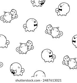 Cute kawaii pomeranian dog. Seamless pattern. Coloring Page. Cartoon character. Vector drawing. Design ornaments.