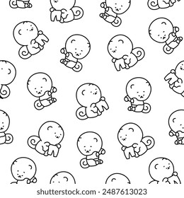 Cute kawaii pomeranian dog. Seamless pattern. Coloring Page. Cartoon character. Vector drawing. Design ornaments.